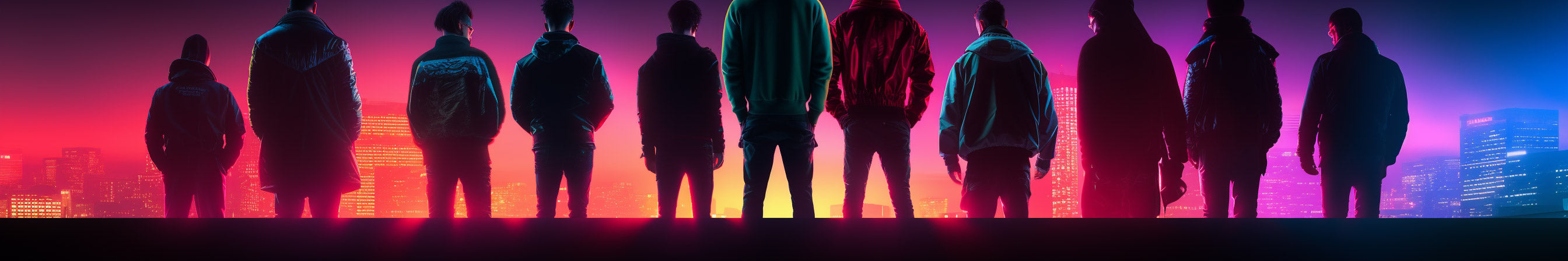 People in hoodies overlooking a neon sunrise